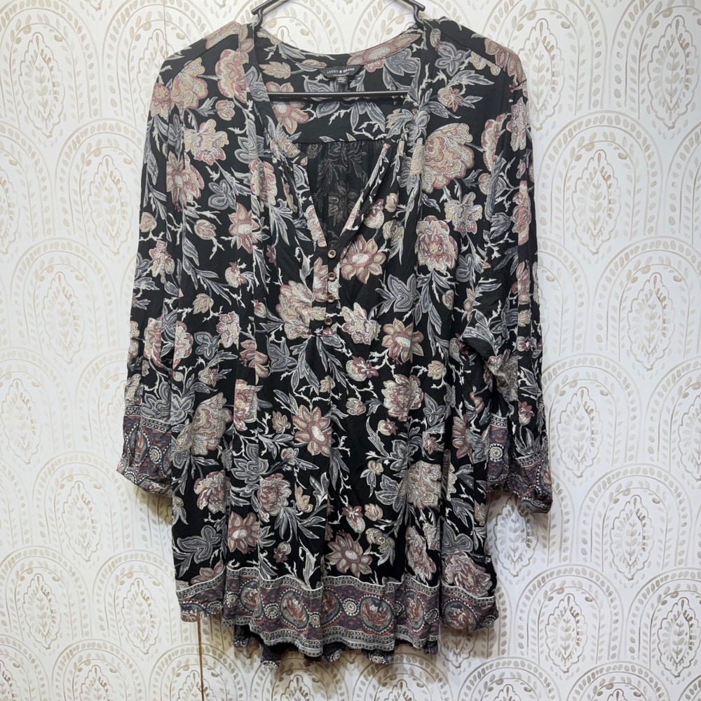 Lucky Brand Peasant Blouse Women 3X Black Floral Boho 3/4 Sleeve Button Neck Top